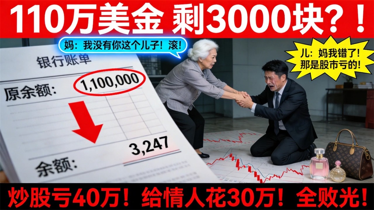 儿子说'妈我帮你管钱'，寡母签了字。3年后账户从$1,100,000变成$3,247！钱去哪了？炒股亏了$400,000，情人花了$300,000——72岁母亲的一句话比判决更重：'我没有这个儿子了！