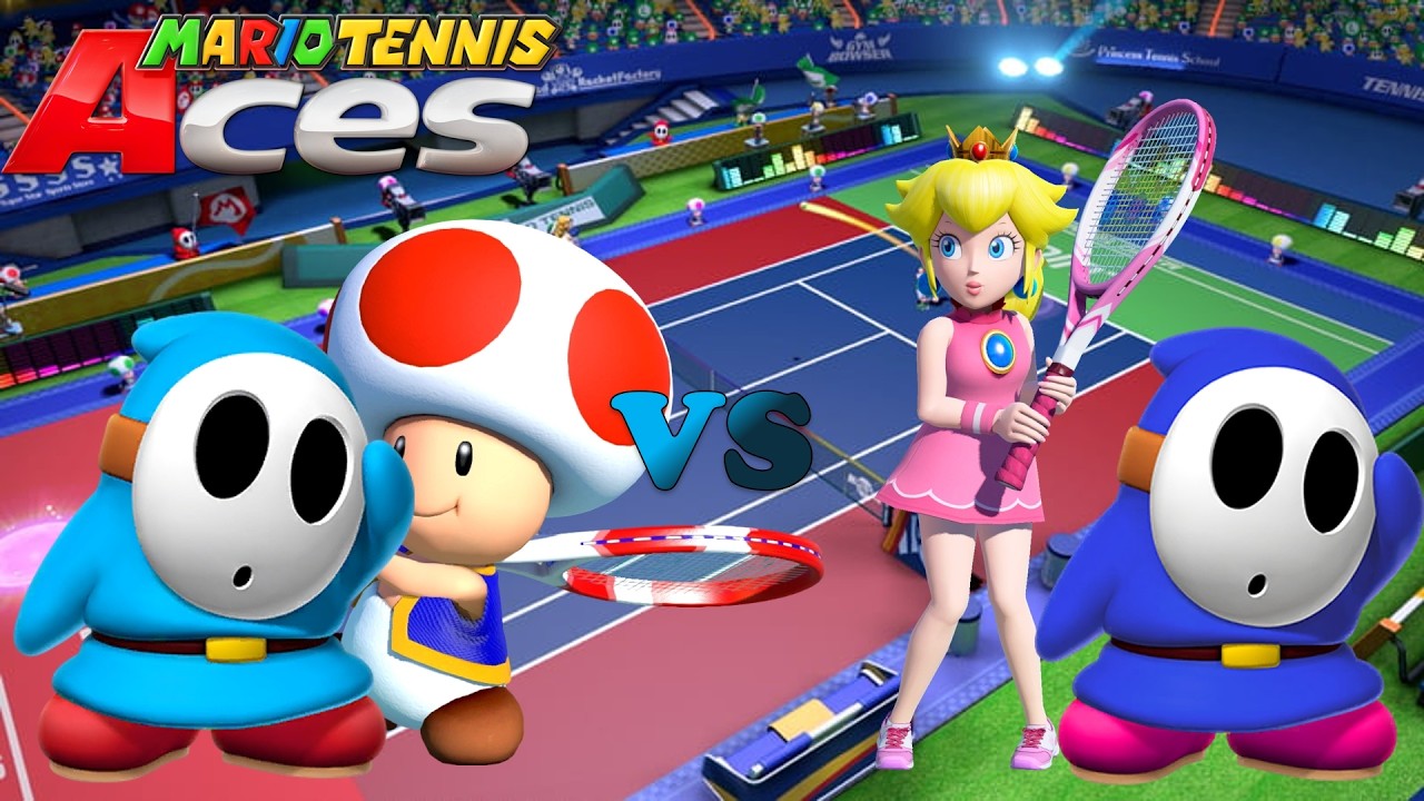 Mario Tennis Aces - Light Blue Shy Guy & Toad vs Dark Blue Shy Guy & Peach - Marina Stadium (Night)