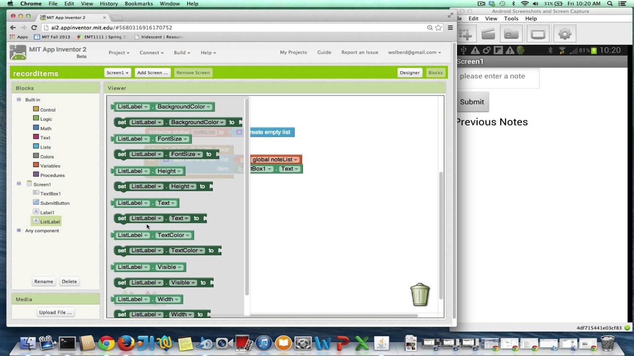 How do you record items in a list in App Inventor?