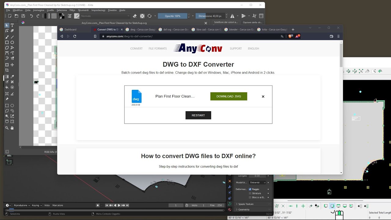 Videoguide - Convert CAD DWG in DXF or SVG for Opensource Software LibreCAD, Krita, Blender, AnyConv