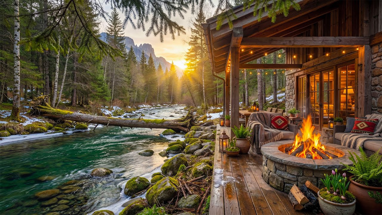 Soothing Spring Cabin Porch by the Riverside 🌲🔥 Cozy Fire Pit, Forest Ambience & Calm River Sounds