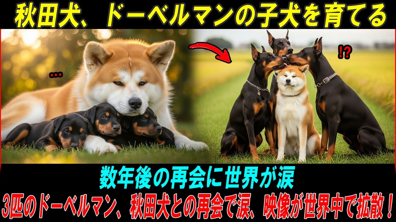 【奇跡の実話】アキタ犬に育てられた3頭のドーベルマンの子犬たち…何年ぶりかの涙の再会が世界を感動させた！#海外の反応  #海外の話 #海外の感動話  #秋田犬
