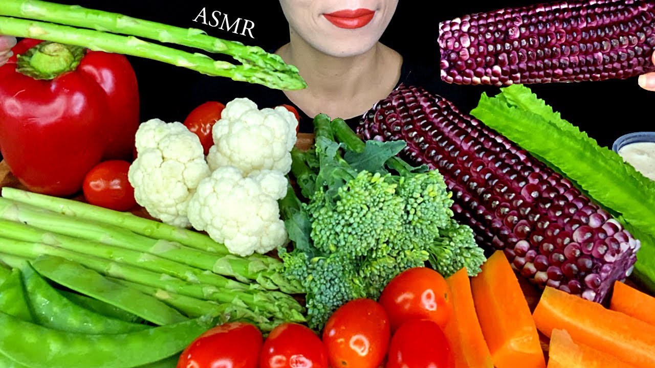 ASMR 【 RAW VEGGIES】Purple Corn, Dragon Beans, Cauliflower, Asparagus, Peas, Carrot, Cherry Tomato