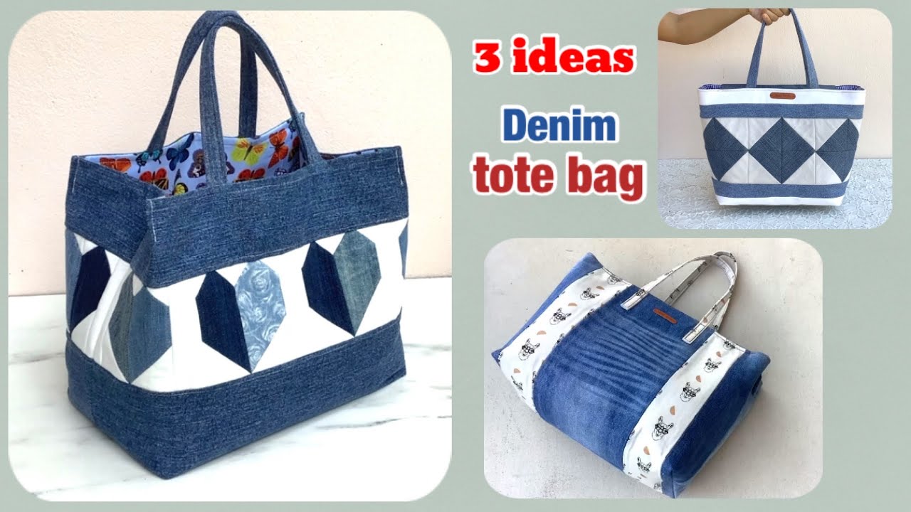 3 ideas denim tote bag from scrap old jeans, sewing diy denim tote bag tutorial with zipper ,diy bag