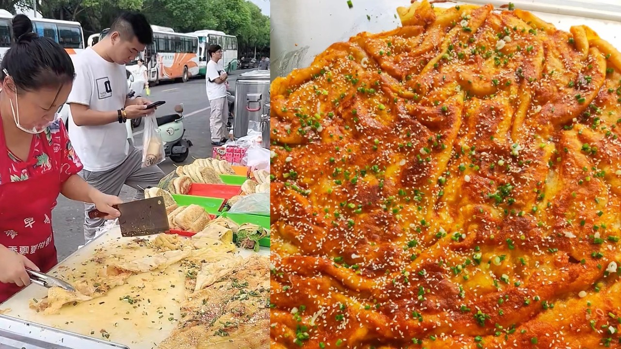 Selling pan-fried pancakes on the street, yummy Chinese food. Live stream.