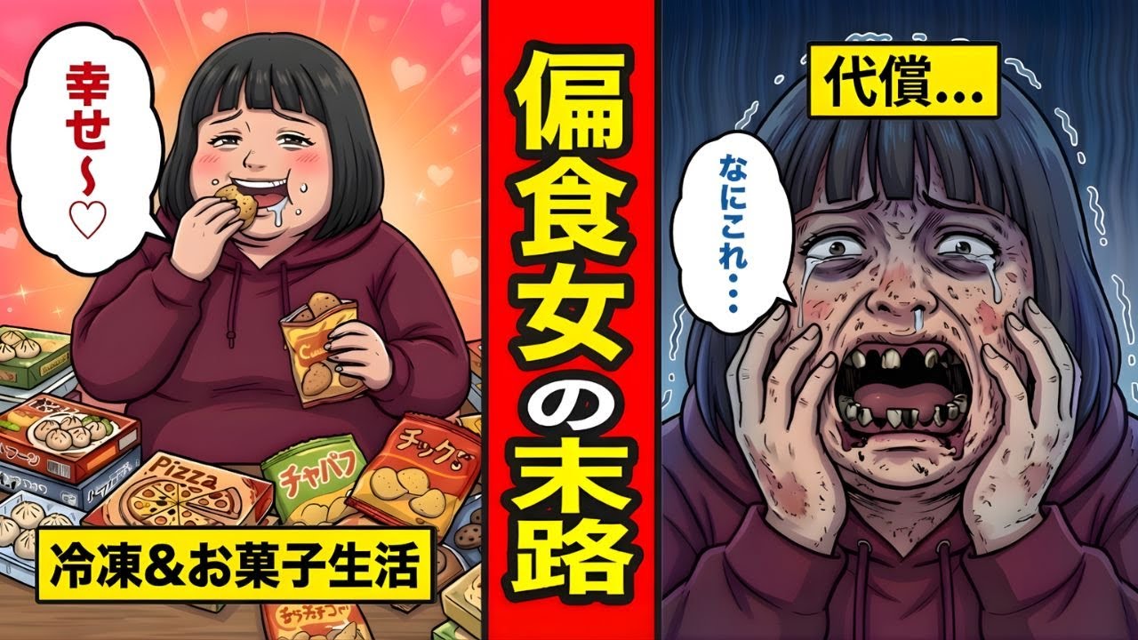 【漫画】偏った食生活を続けた女の末路。冷凍食品＆お菓子だけで生きた結果、体に起きた“異変”とは…【レイナの部屋ブラックわーるど】