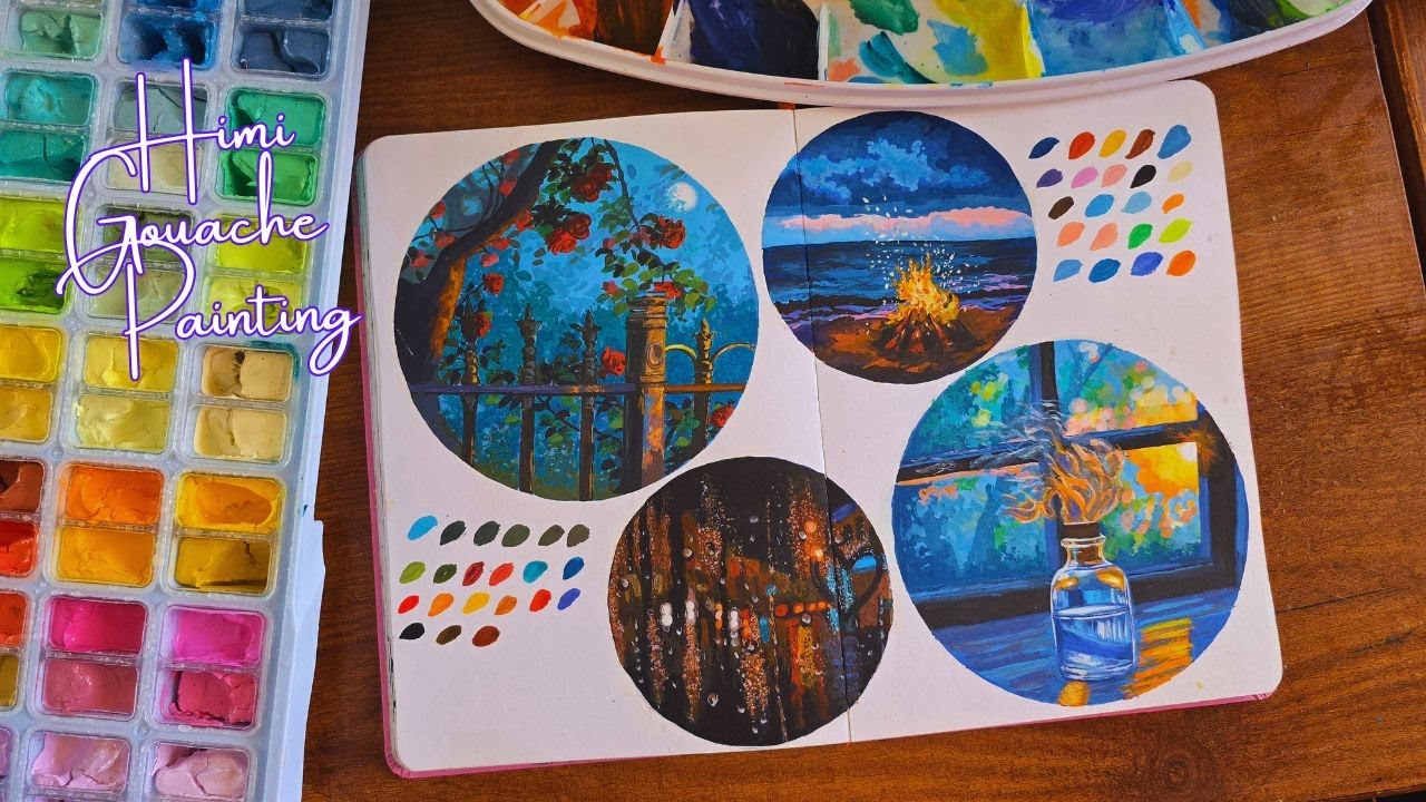 🎨 Painting 4 Mini Gouache Landscapes | Cozy Night & Evening Vibes 🌙✨
