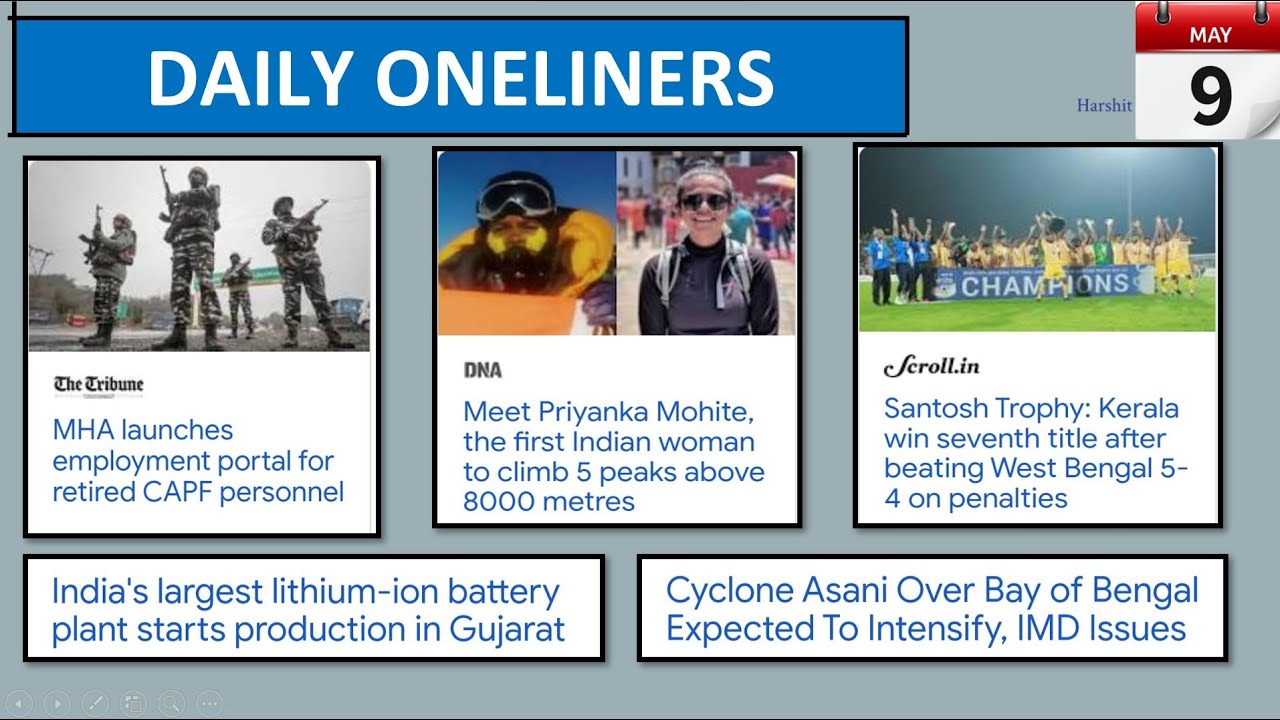 9th May 2022 - Daily One-liner Current Affairs/News for Competitive Exams