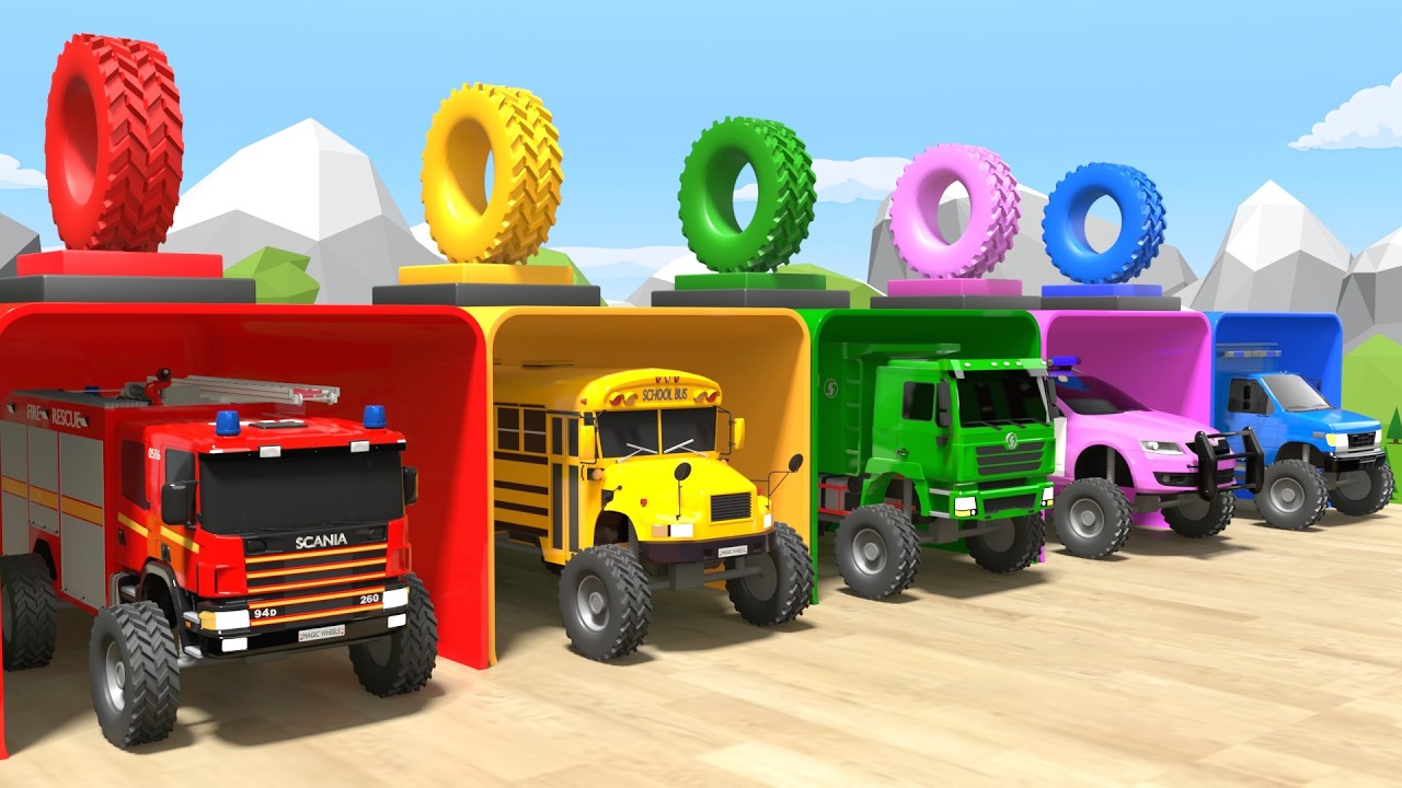 Sfida dei Colori Camion dei Pompieri, Scuolabus e Camion Ribaltabile  Canzoncine per Bambini Bingo