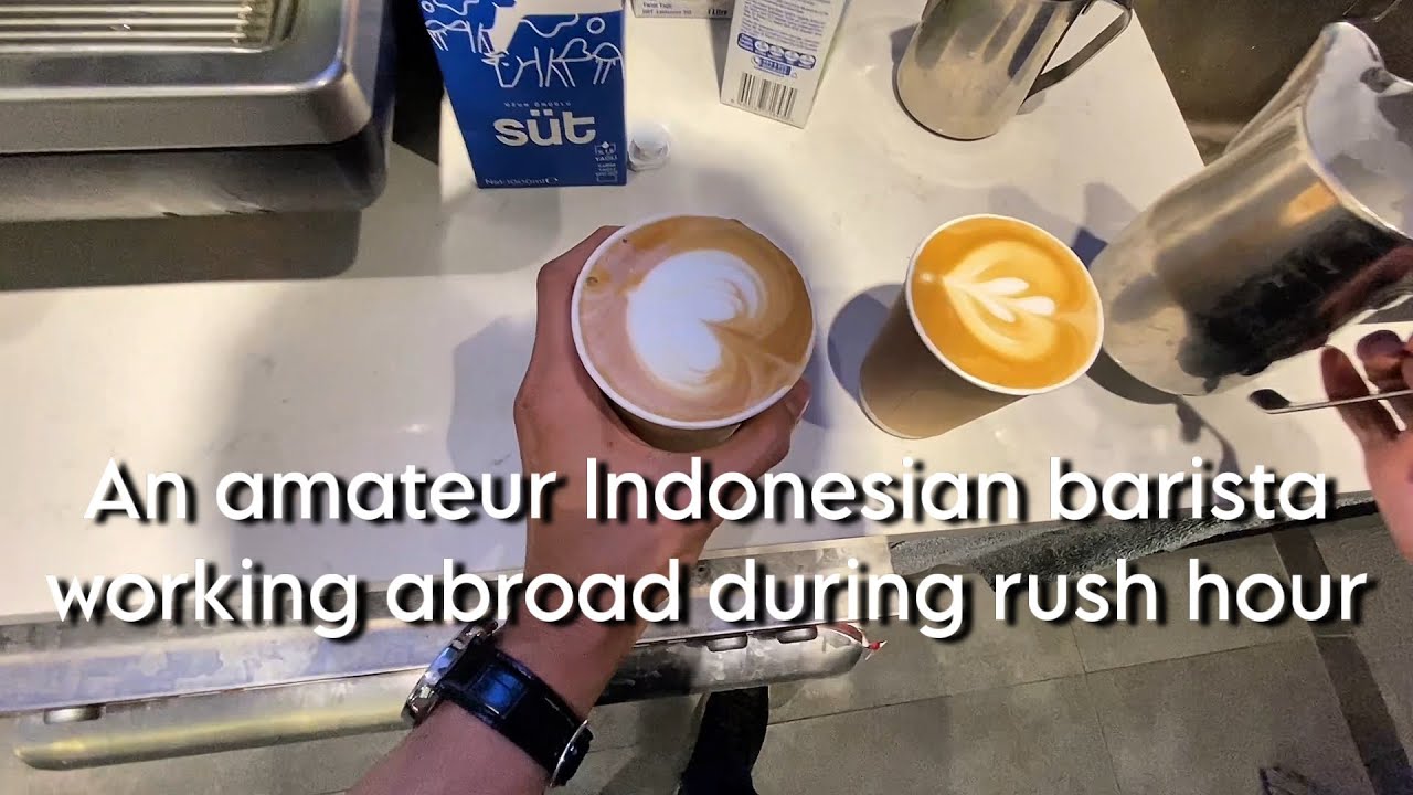 An amateur Indonesian barista working abroad during rush hour