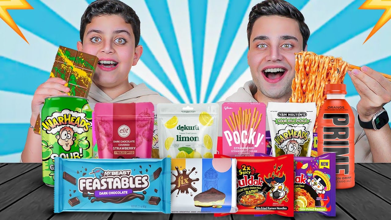 جربنا جميع المأكولات المشهورة😋!! نودلز حار|شوكولاتة دبي|فواكه مجففة😱