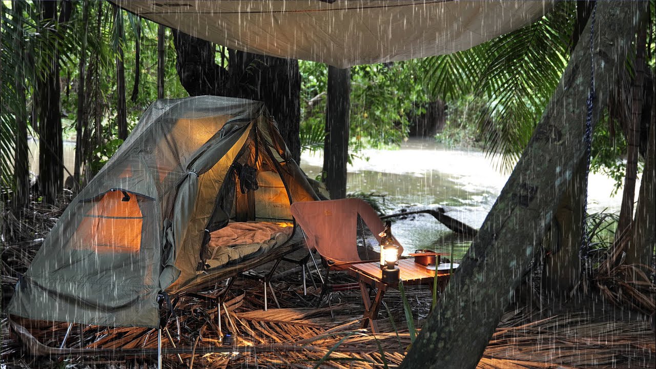 Cozy SOLO Camping in RAIN [ Tucked away in the Jungle right next to a creek, relaxing ASMR ]
