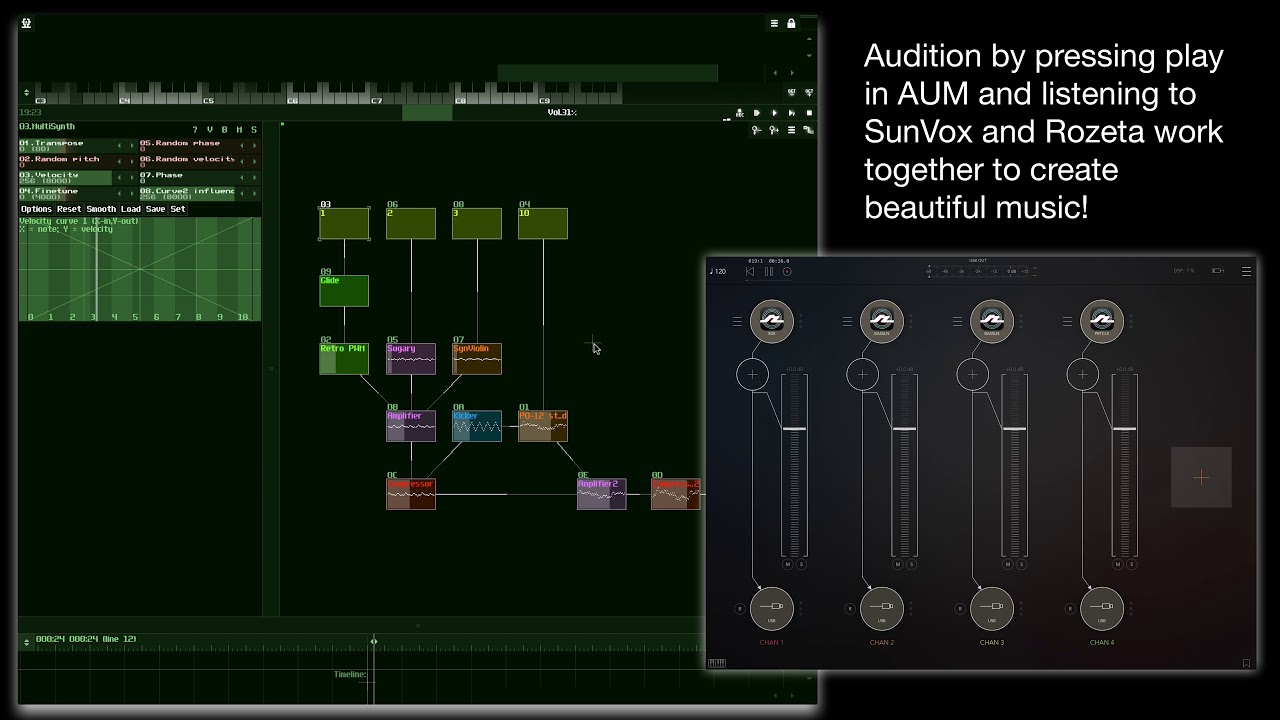Setting up, auditioning, and recording multiple MIDI channels in SunVox