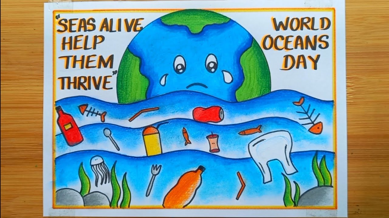 World Ocean Day Poster Drawing Easy/World Ocean Day Drawing/Save Ocean Drawing Easy Steps