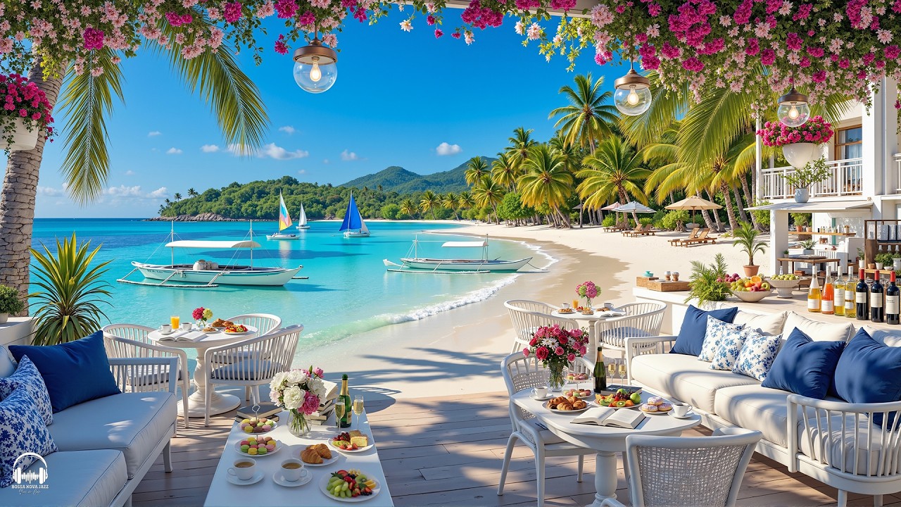 Summer Bossa Nova Jazz & Calming Ocean Waves at Seaside Coffee Shop Ambience for Relax, Work, Study