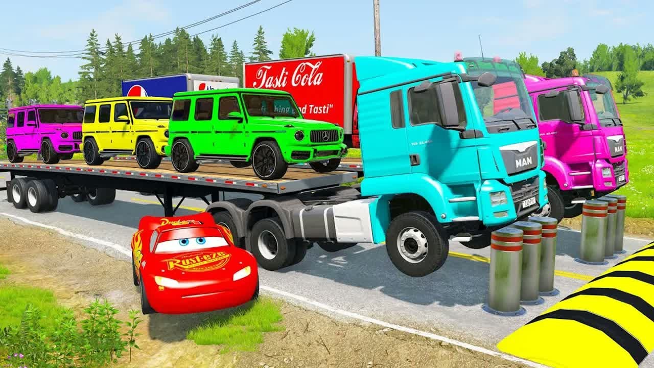 Flatbed Truck Mcqueen | Transportation with Truck - Pothole vs Car #42 - BeamNG.Drive