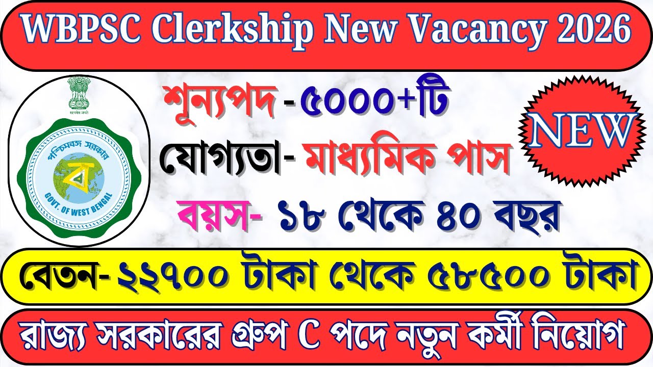 WBPSC Clerkship New Vacancy Out 2026 |Eligibility, Age, Exam Syllabus, Vacancy Full Details #wbp2k26