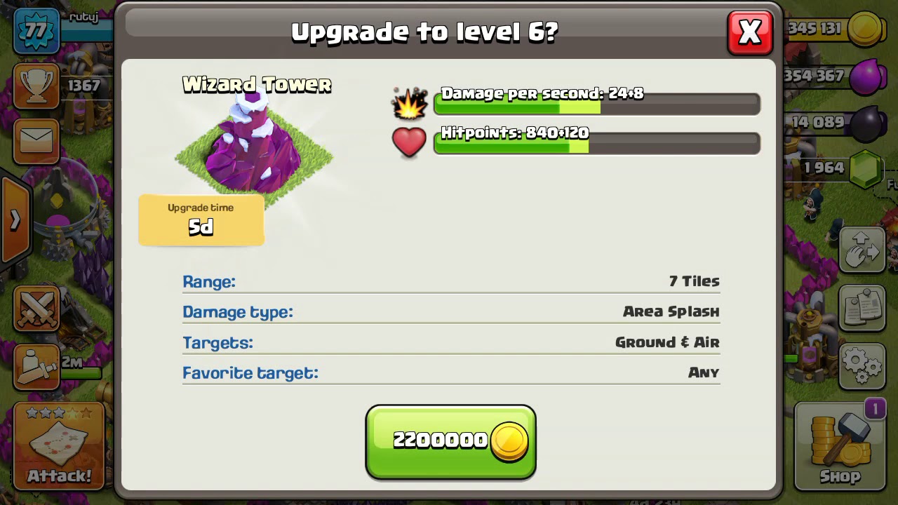 Clash of clans Building level 5 wizard tower to level 6 in second