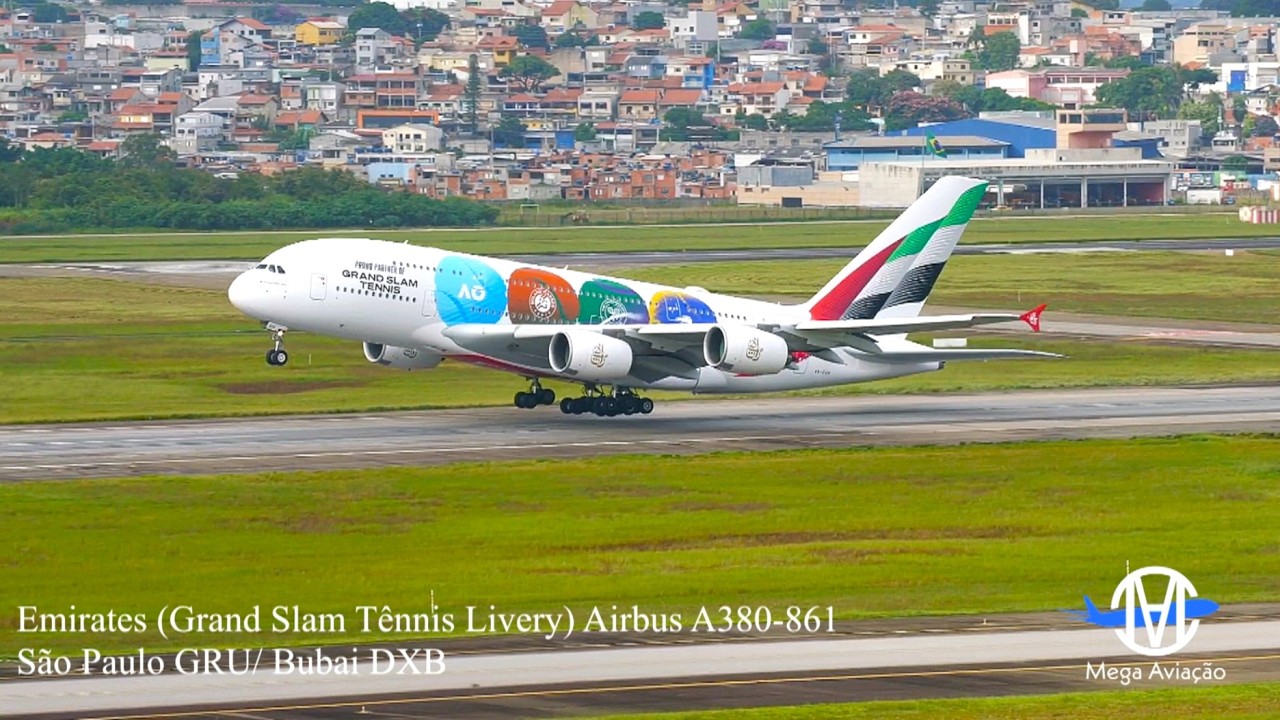 MAIOR AVI&Atilde;O DE PASSAGEIROS E GIGANTE DA EMIRATES A380 FAZ DECOLAGEM RARA DO AEROPORTO DE GUARULHOS ✔