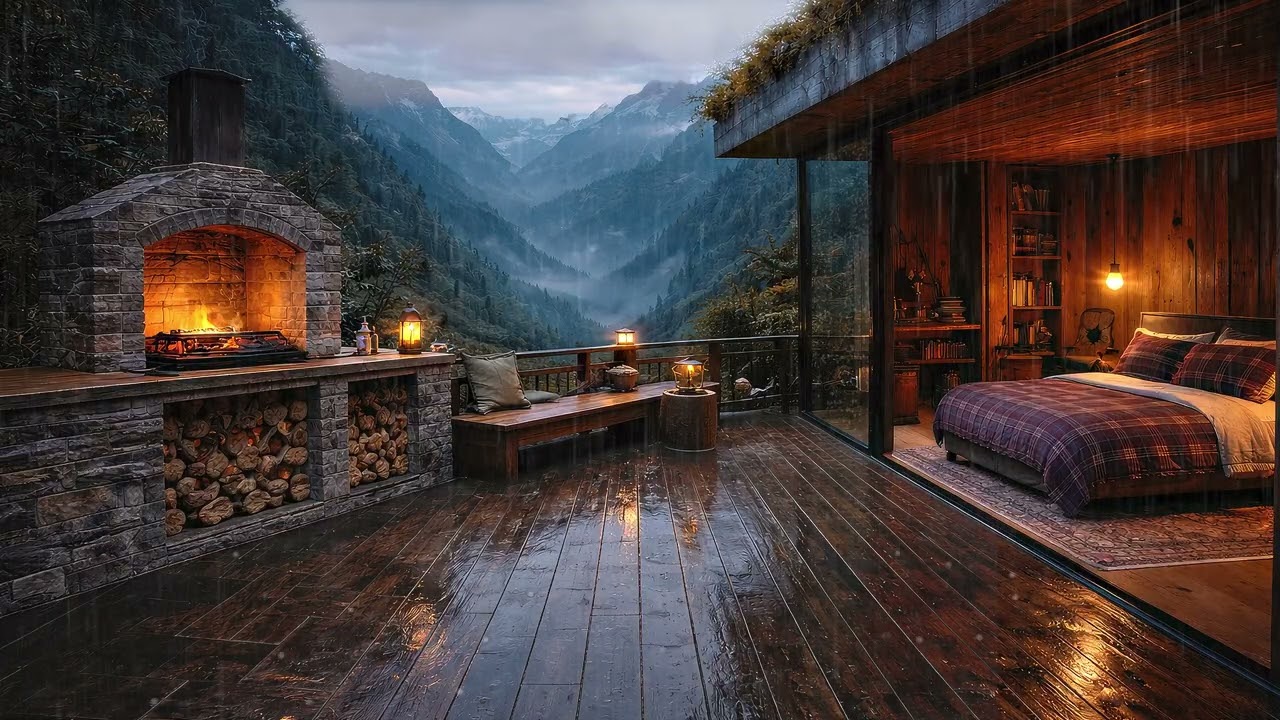 Isolated Mountain Cabin in Heavy Rain | Fireplace Crackle & ASMR Storm Ambience for Sleep