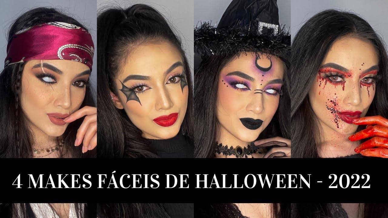 4 MAQUIAGENS FÁCEIS PARA O HALLOWEEN 2022 ❤️🎃 (Pirata, Morcego, Bruxa e com Strass)