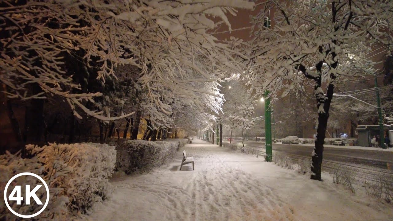 4K Virtual Night Walk in Romania- Brasov/ Quiet Night in a Snowy Winter-Natural Sound Ambiance