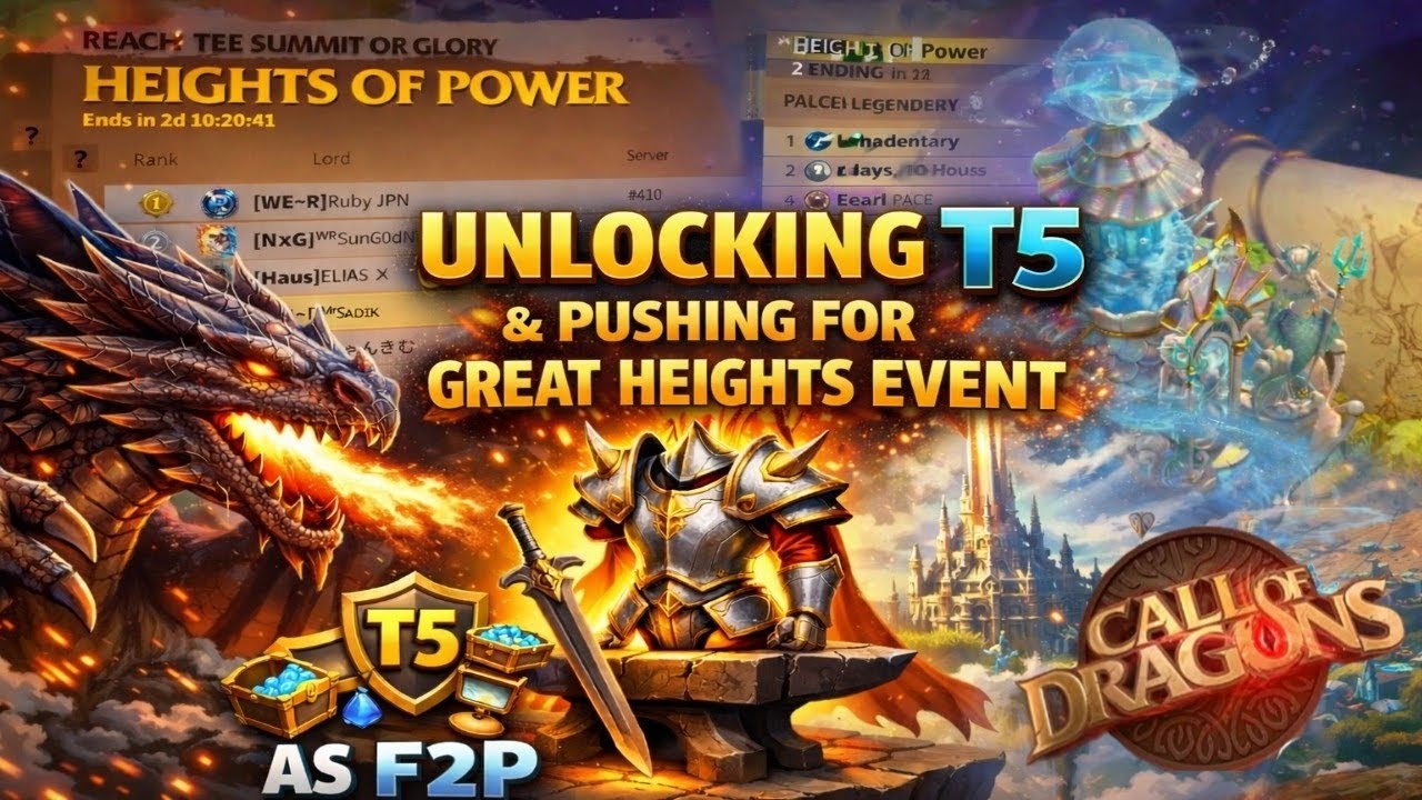 UNLOCKING T5 as F2P?! 😱 | Great Heights Event Grind | Heights of power | Call of Dragons