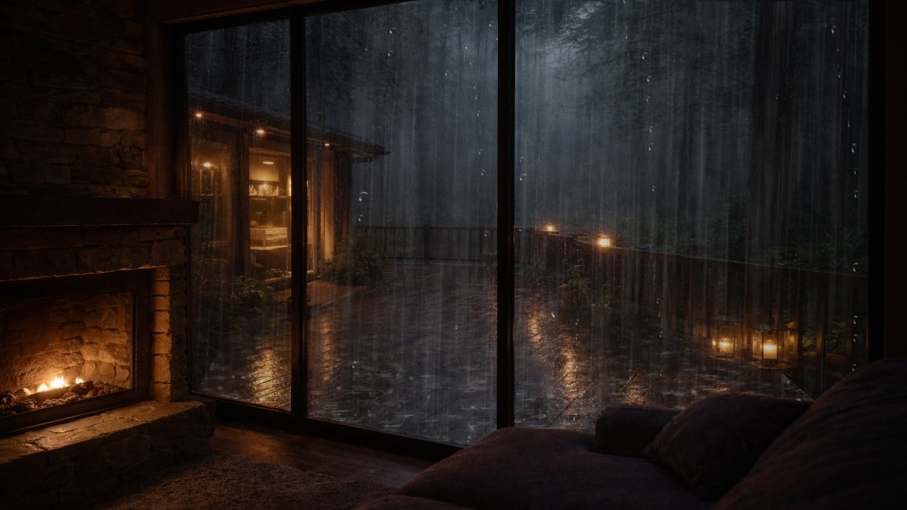 3 Hours Heavy Rain at a Cozy Glass Cabin | Fireplace Night in the Dark Forest