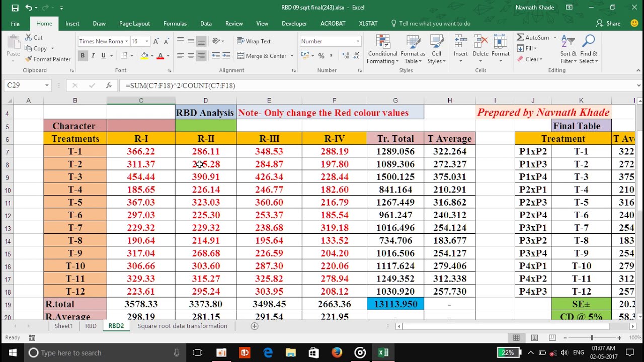 Randomized Block Design, rbd One way anova, analysis in excel sheet RBD randomised block design rcbd