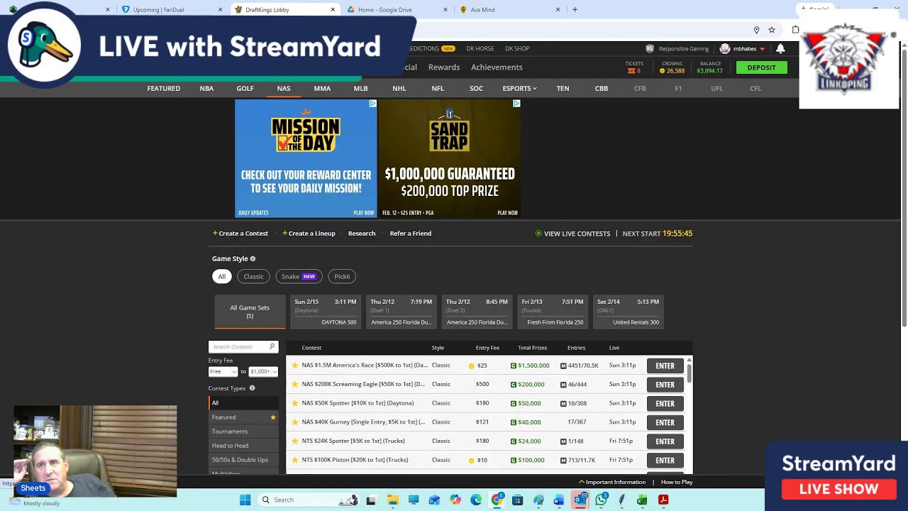 Live Sweat and PGA lineup build with Sheets