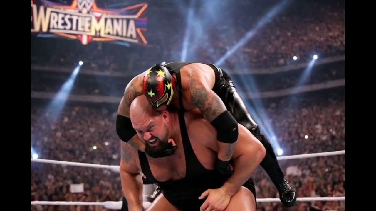 “Rey Mysterio leaping off the top rope mid-air toward Big Show, fast motion blur