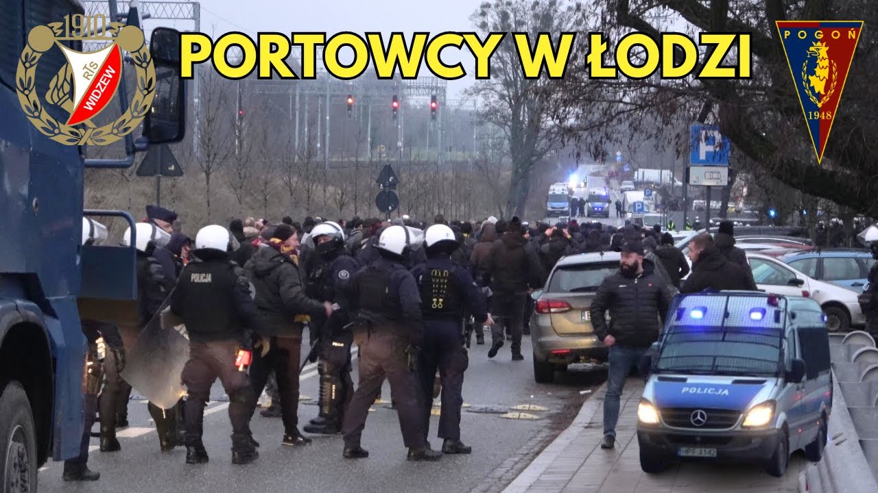 WIDZEW - POGOŃ 2023:  Przyjazd kibiców Pogoni, przejazdy alarmowe i akcja Policji