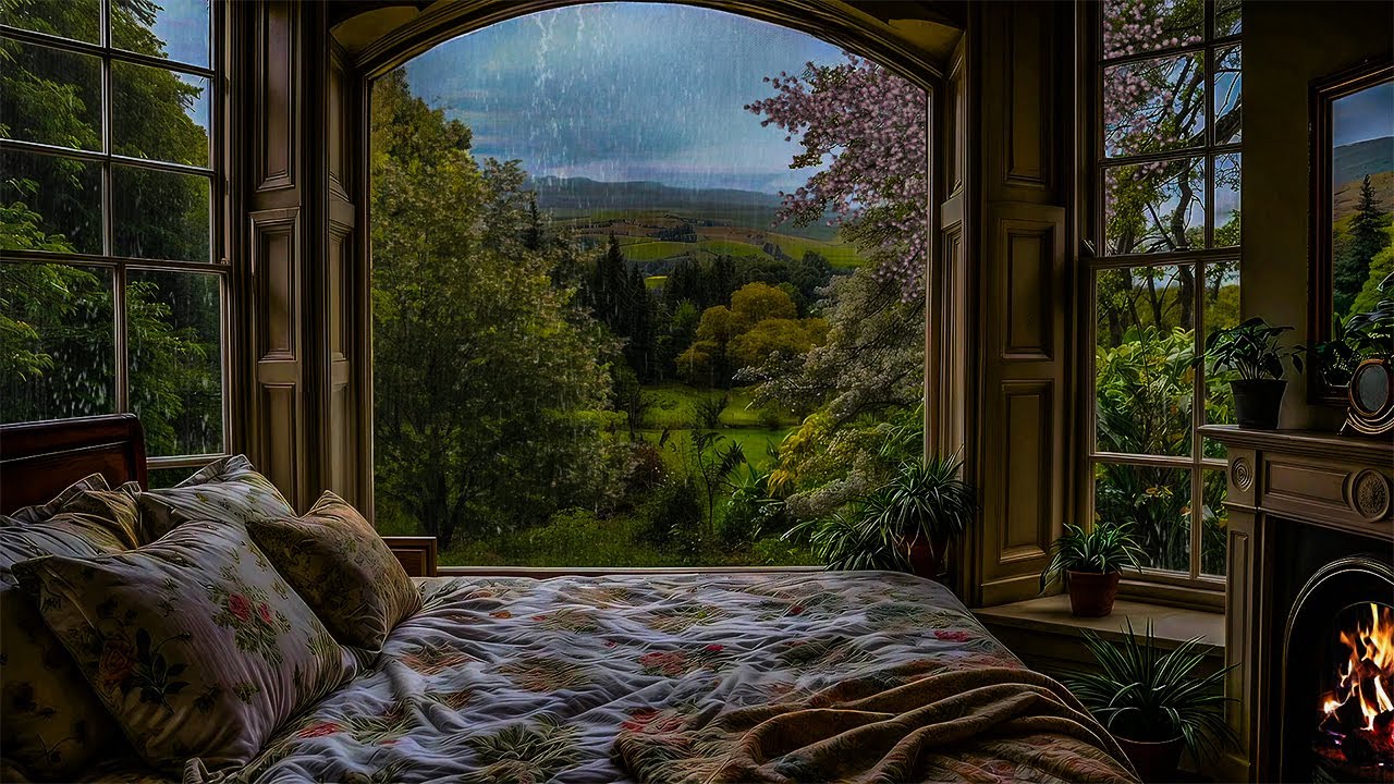Shelter from Cold Winds in Foggy Mountain Spring Cabin | Rain & Fireplace Sounds for Deep Sleep 🔥🌧️