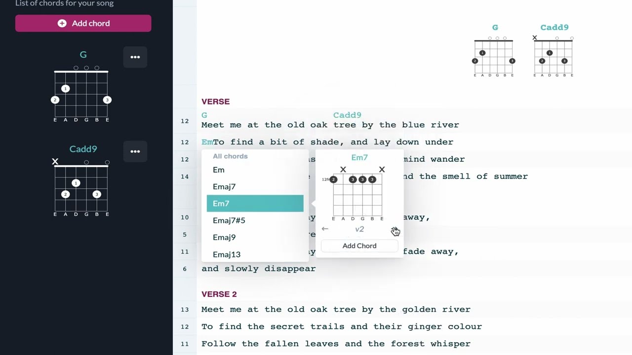 Chords & Lyrics editor: Adding chords