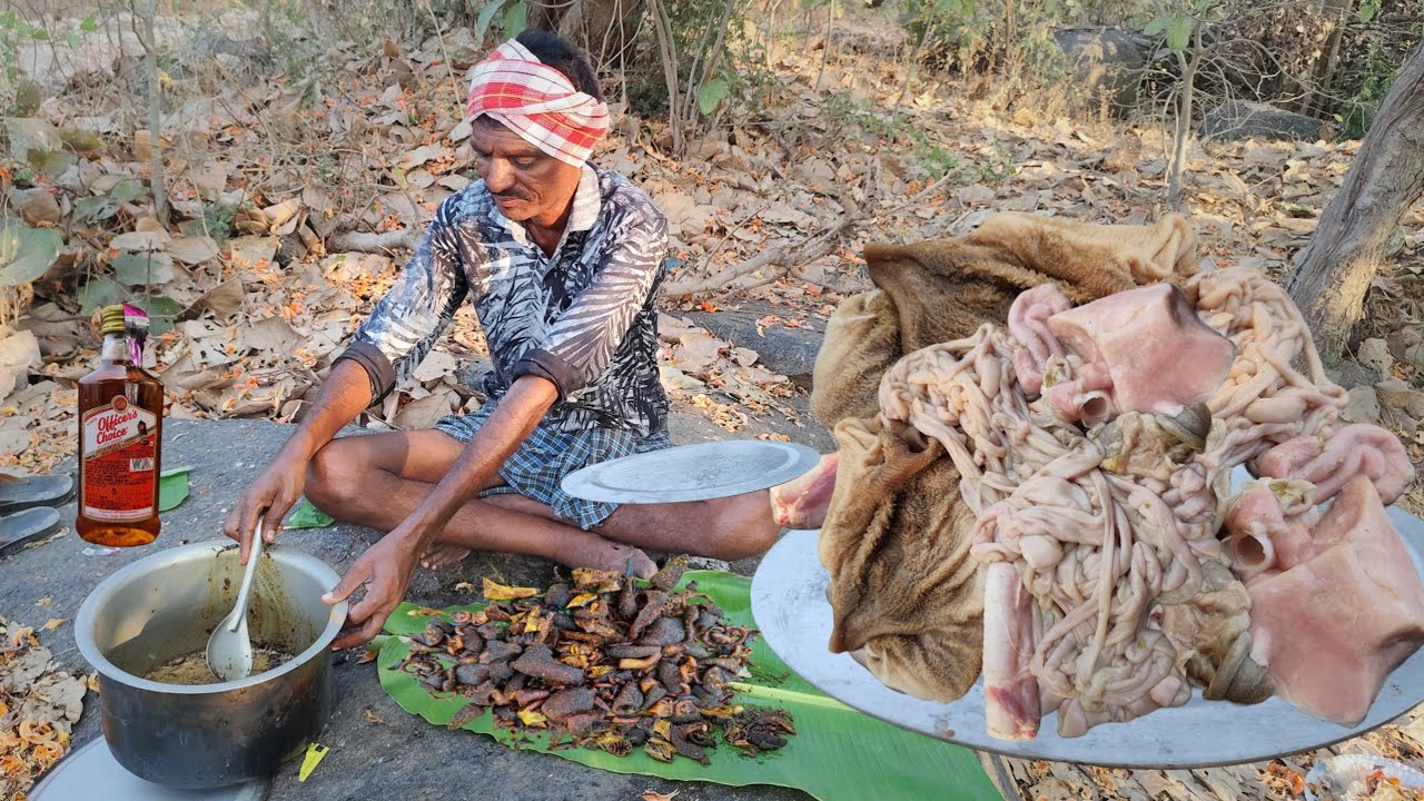 Goat Spicy Boti Fry | Goat intestine Fry Recipe | Village Style Village Man Cooking And Eating