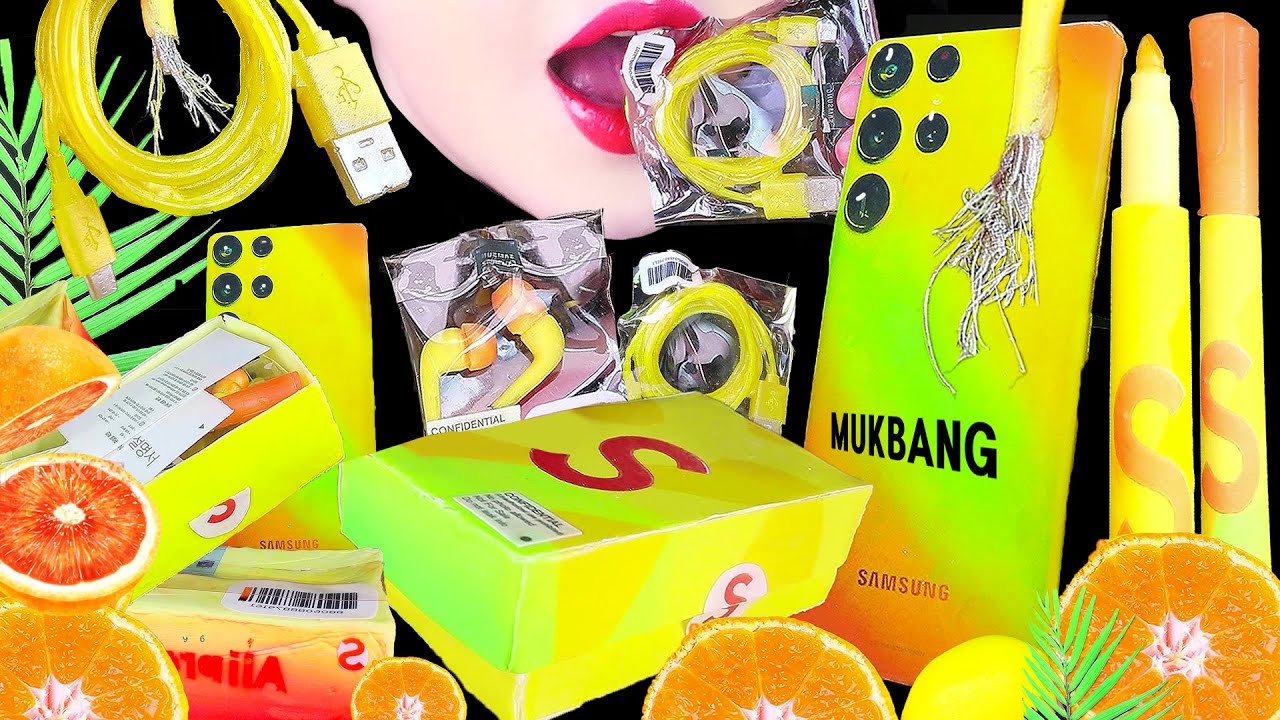 ASMR unboxing MUKBANG 🍍 edible GALAXY S23 phone TROPICANA SUNSET eating sound 갤럭시s23 울트라 언박싱 먹방 咀嚼音