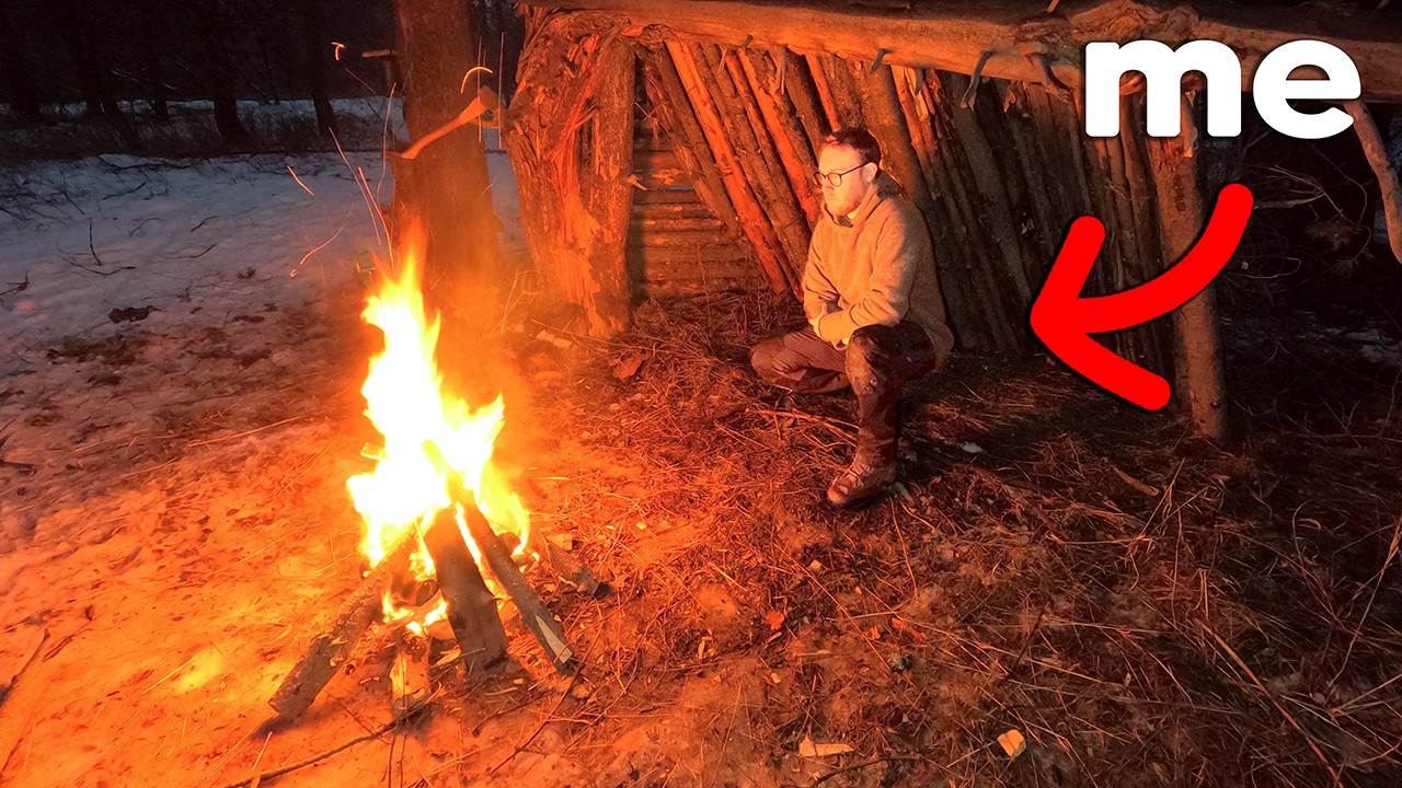 Overnight in a Winter Survival Shelter - No Tarp, No Tent