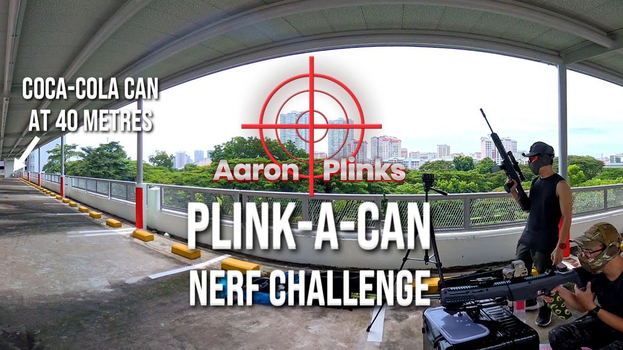 40 Metres! Can or Can-Not? AaronPlink's Plink-A-Can Nerf Challenge with Worker Kunlun Sniper Blaster