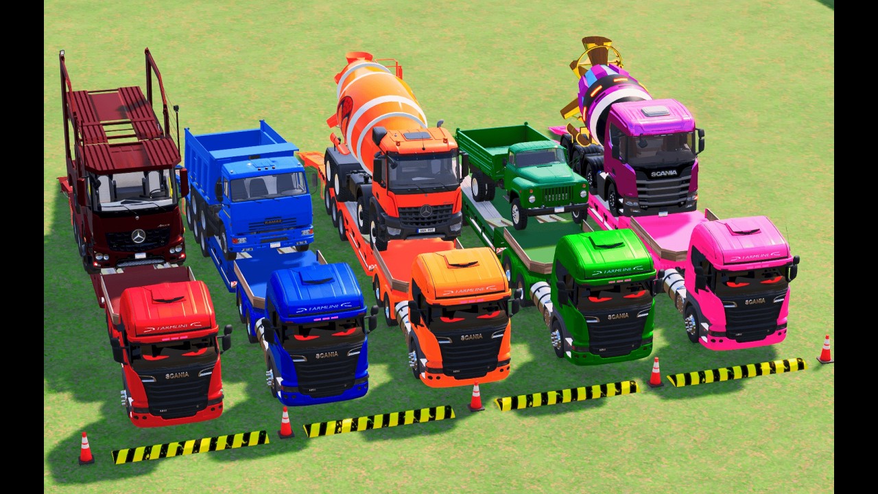 Colorful trucks - ALL COLORFUL MIXER TRUCK WITH DOUBLE FLATBED TRAILER TRUCK, MERCEDES BENZ, KAMAZ M