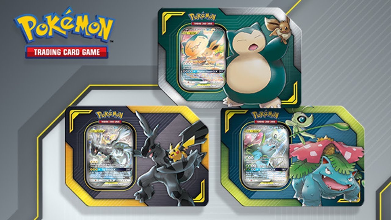 Opening 1 of each Pokémon TCG: TAG TEAM Tin! (Pikachu & Zekrom, Eevee & Snorlax, Celebi & Venusaur)
