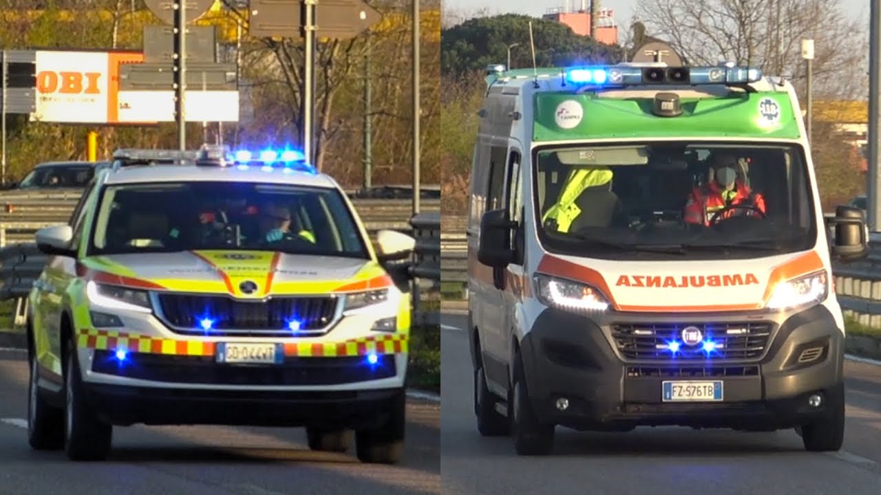 Automedica SUEM 118 Mestre + Ambulanza Croce Verde Mestre in emergenza - ALS Car + Ambulance COD3