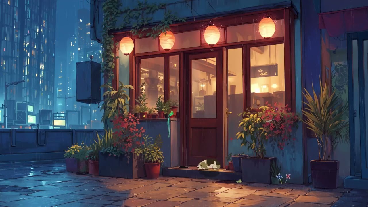 Rainy Night City Beside A Cozy Cafe 🌧️☕ Peaceful Vibe To Relax & Study | Lofi city | Lofi Hip Hop