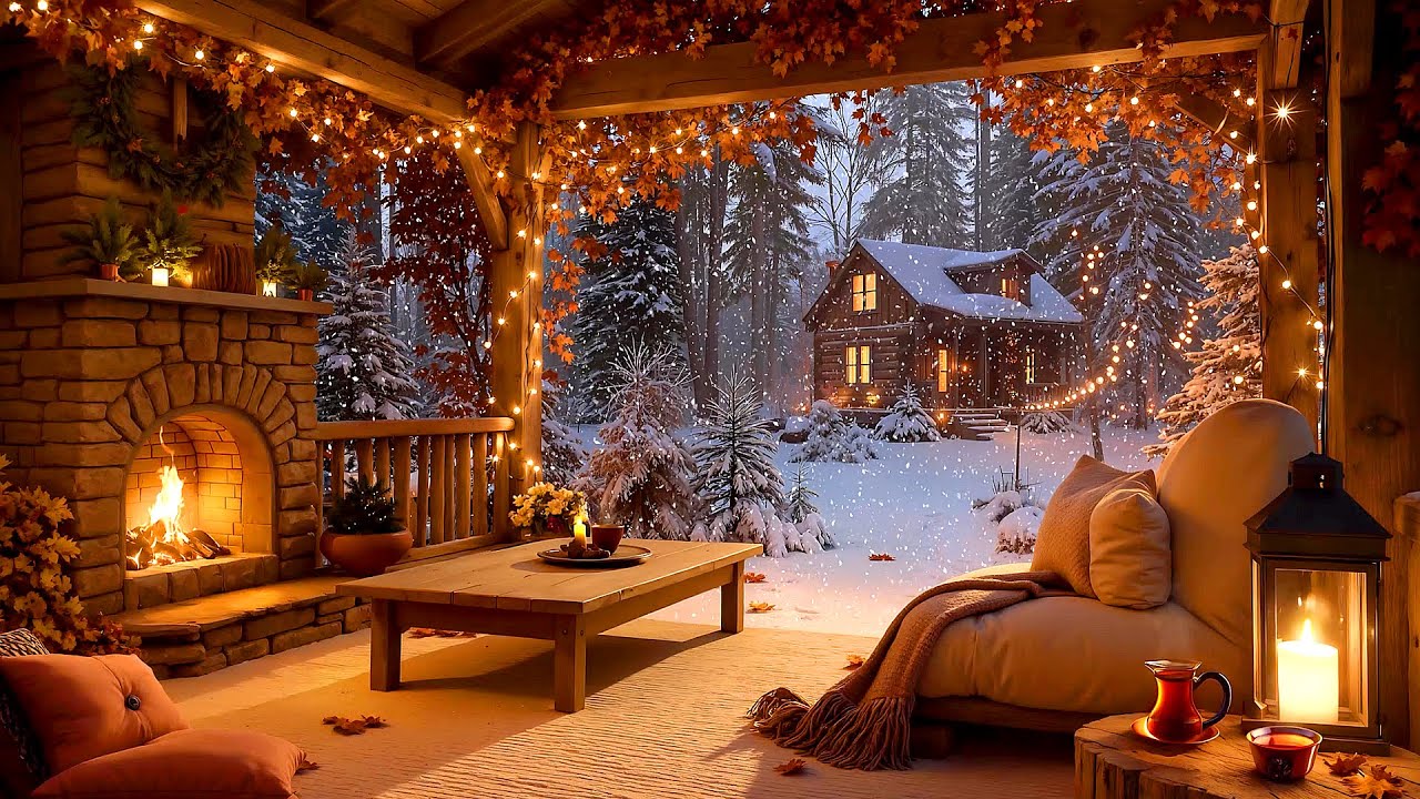 First Snowfall Cabin Ambience ❄️ Cozy Winter Porch with Crackling Fire & Falling Snow