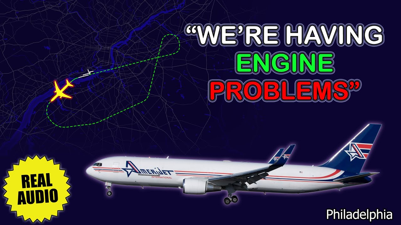 Engine problems on takeoff. Amerijet Boeing 767 performs emergency return at Philadelphia. Real ATC