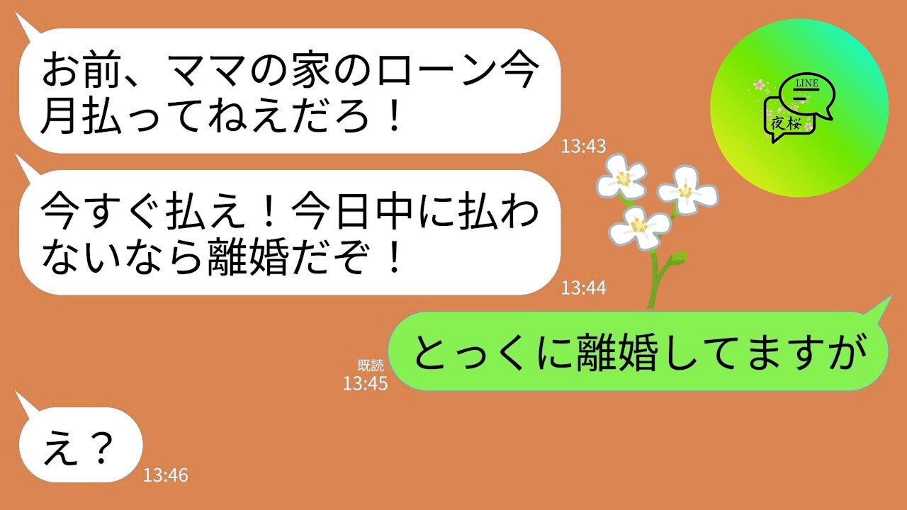 【LINE】離婚した事を知らない元夫から怒りの連絡。夫「ママの家のローン払ってねえだろ！今日中に払わないと離婚だぞ」→私「離婚したし他人だよ？」元夫「え？」