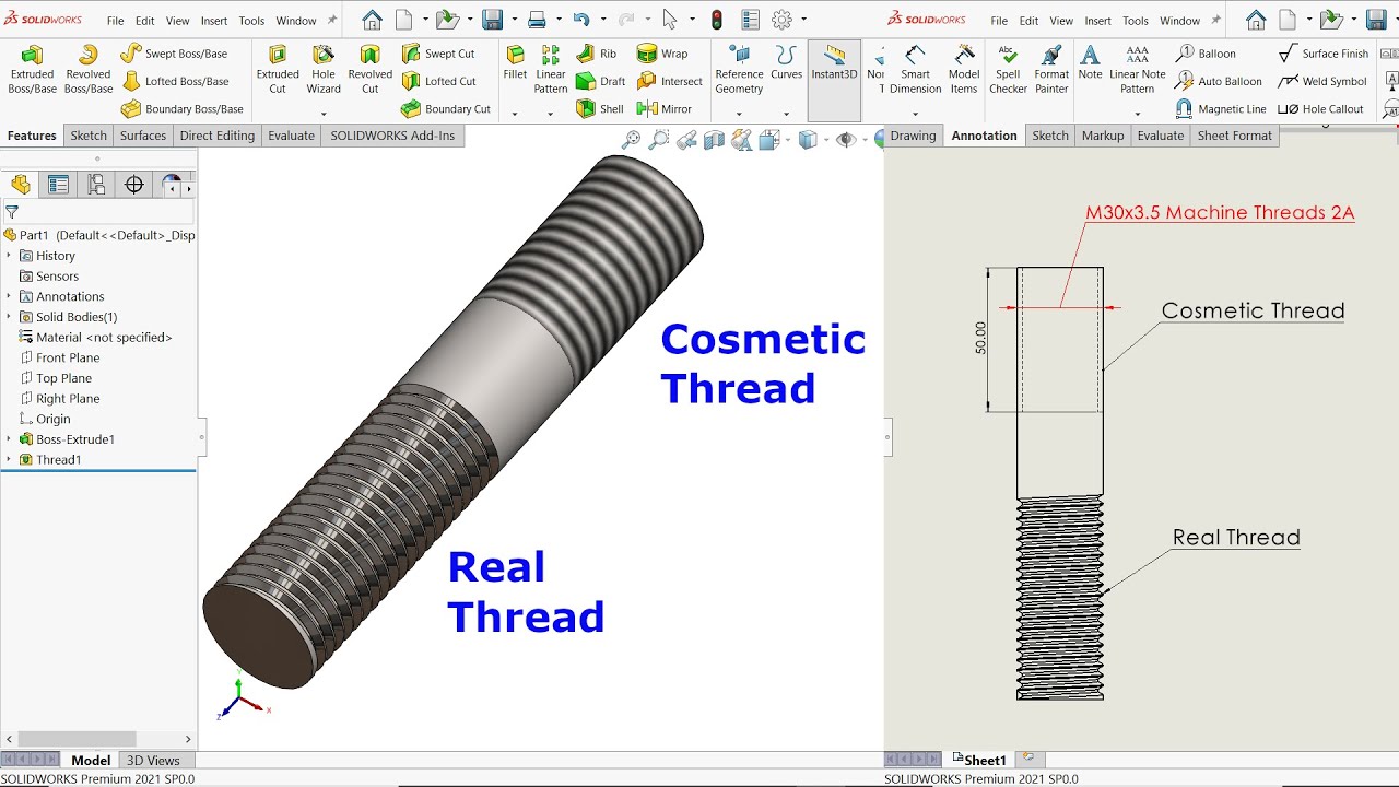 Реальная и косметическая резьба в SolidWorks