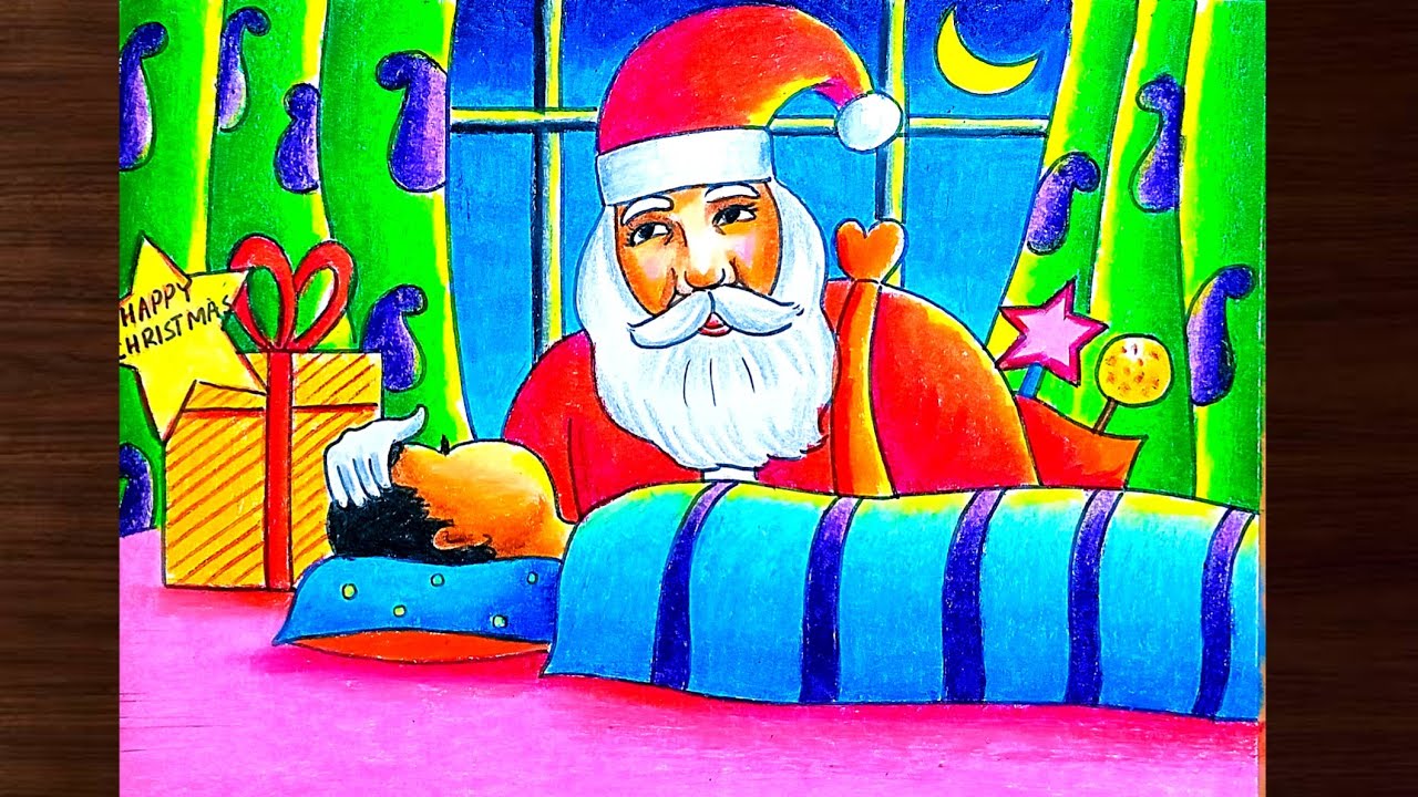 Christmas scenery drawing step by step/Santa Claus scenery drawing easy