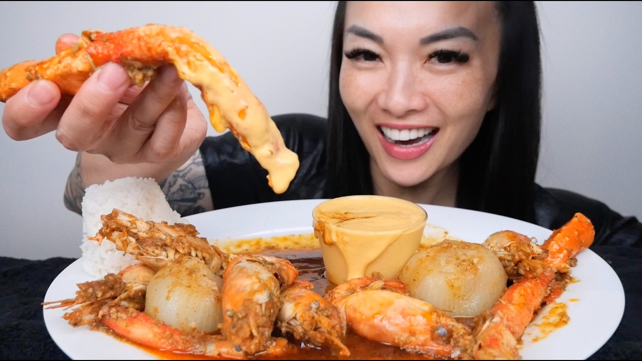 Королевский краб + креветки, приготовленные на пару с сырным соусом (звуки еды ASMR) Легкий шепот...