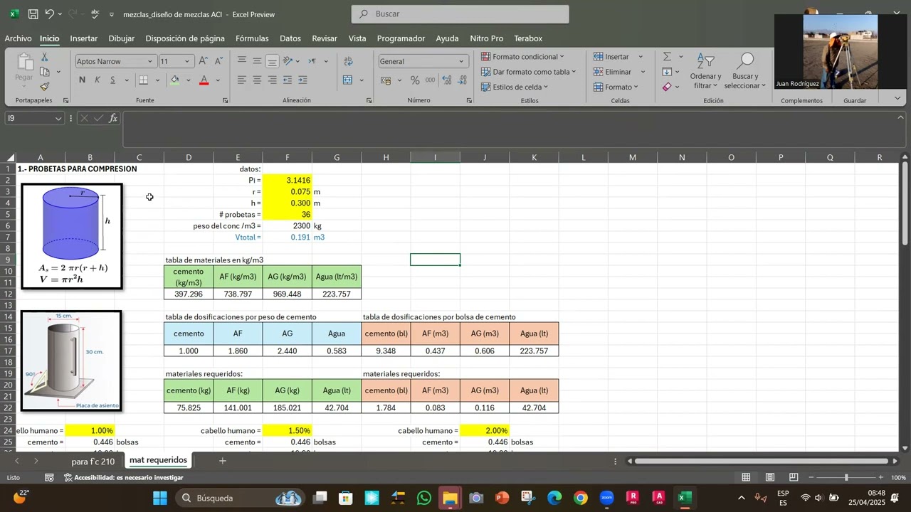 diseño de mezclas ACI 211 1 calculo de materiales para probetas y vigas (plantilla excel)
