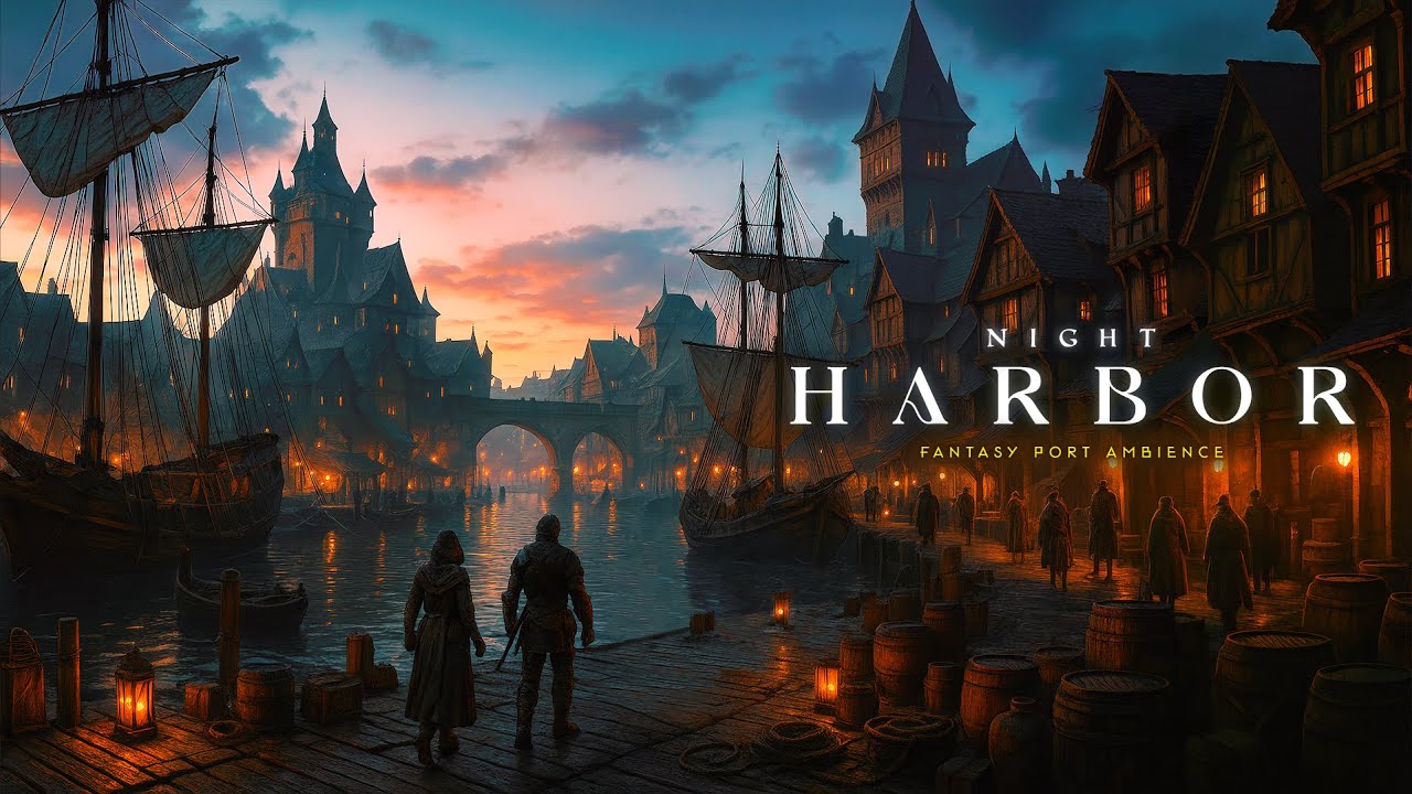 Night Harbor Ambience No Music - Fantasy Evening Port Ambience